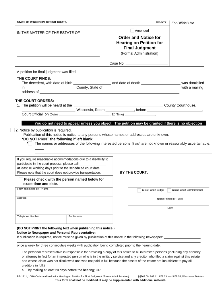 Order and Notice for Hearing Final Account and Final Settlement Formal Administration Wisconsin