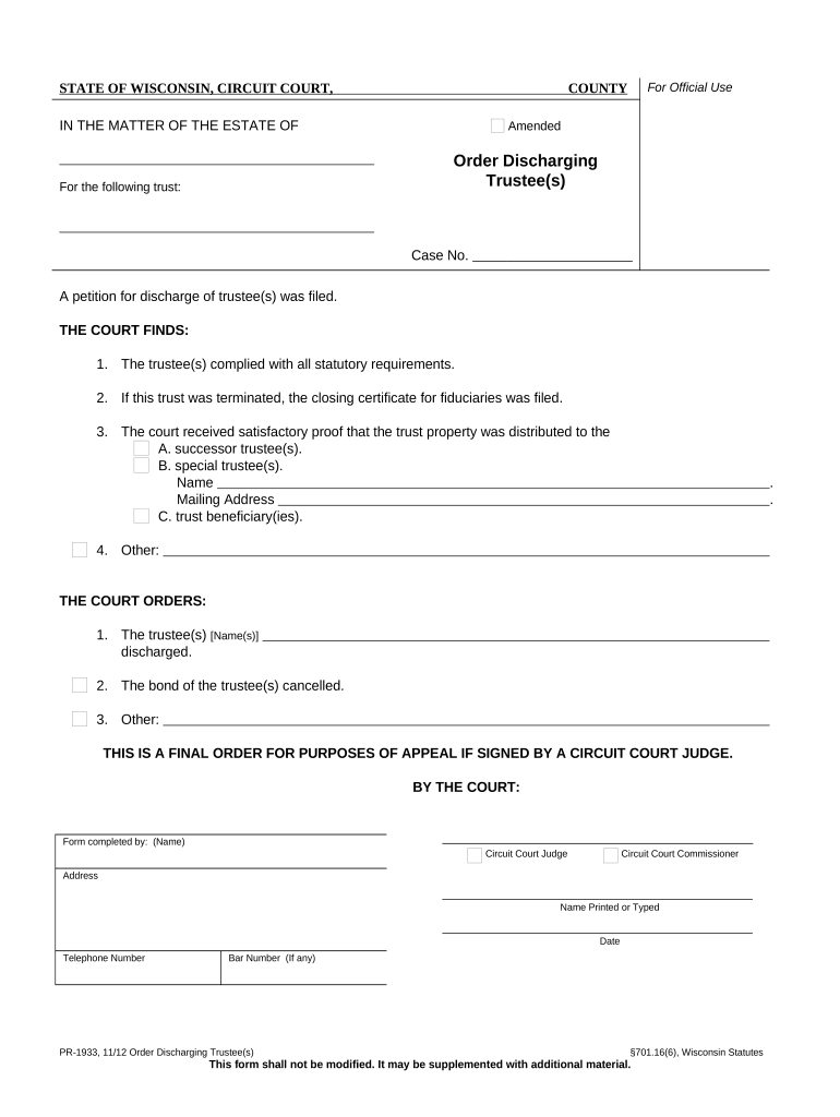 Order Discharging Trustee Wisconsin  Form