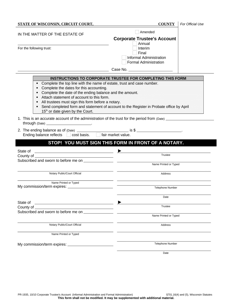 Corporate Trustee's Account Annual Interim Final Wisconsin  Form