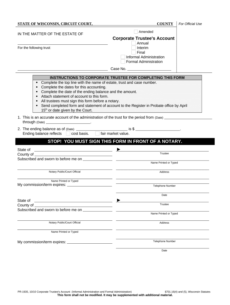 Corporate Trustee's Account Annual Interim Final Wisconsin Form