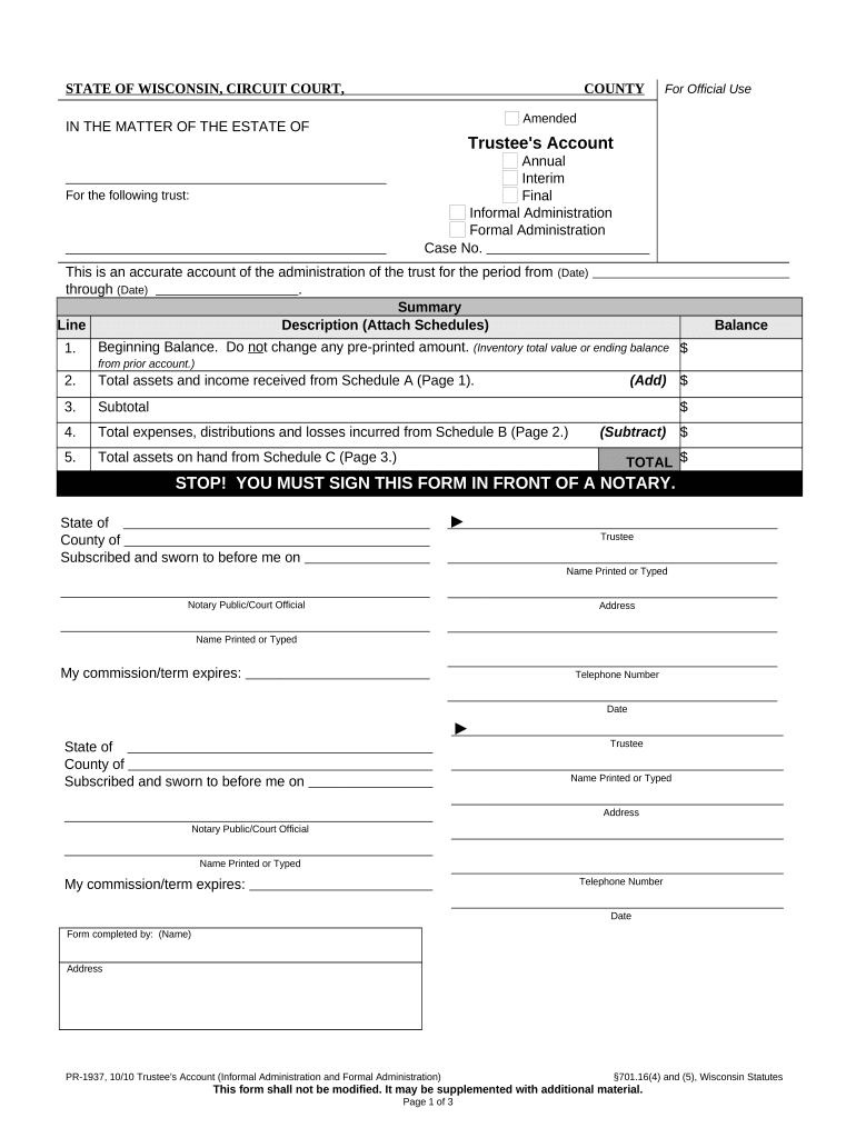 Trustee's Account Annual Interim Final Wisconsin  Form