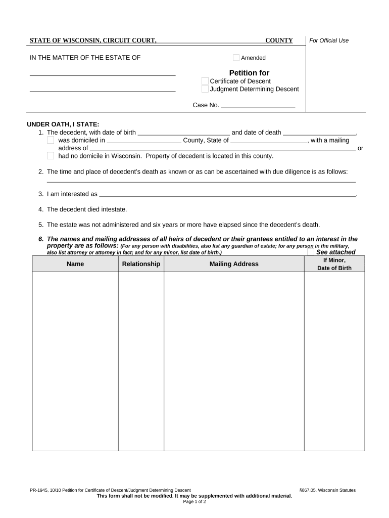 Petition for Certificate of Descent Judgment Determining Descent Wisconsin  Form