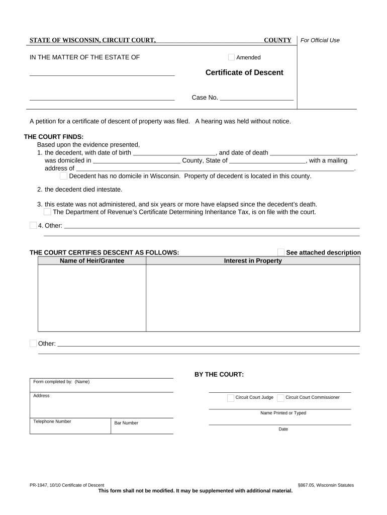 Certificate of Descent Wisconsin  Form