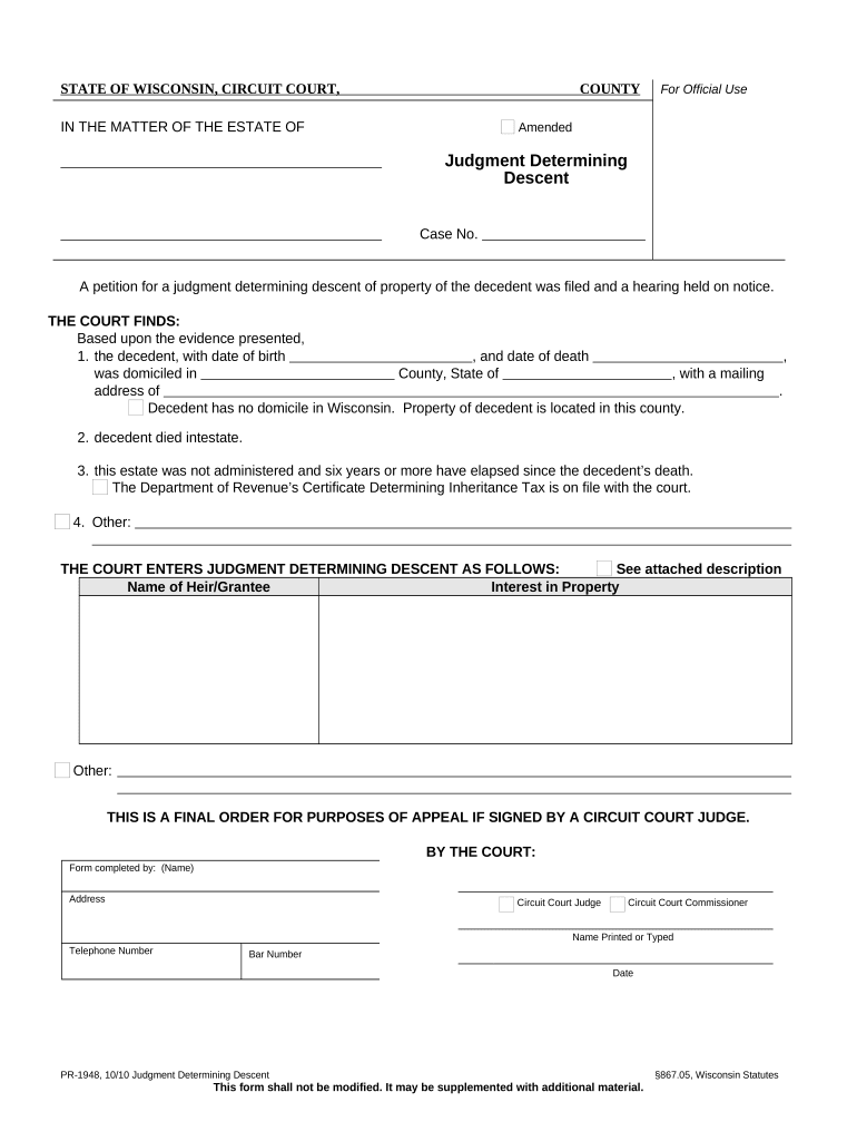 Judgment Determining Descent Wisconsin  Form