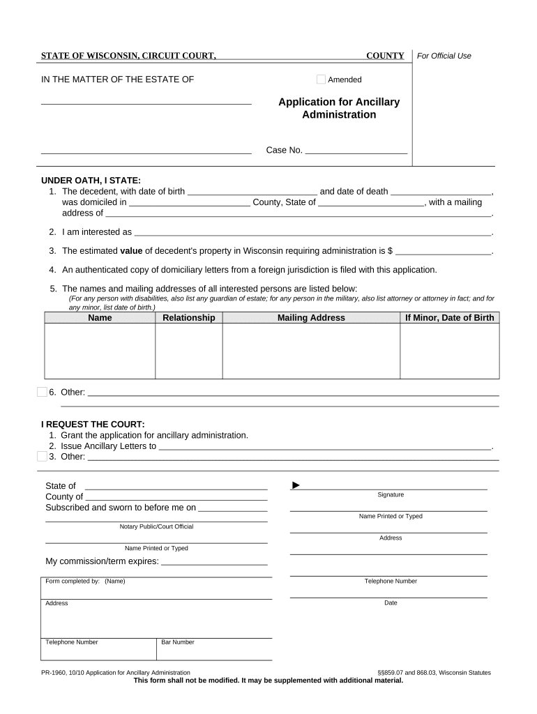 Application for Ancillary Letters Wisconsin  Form