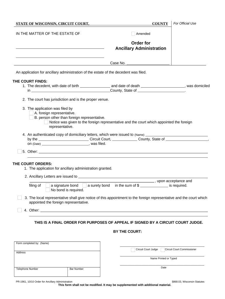 Order for Ancillary Letters Wisconsin  Form