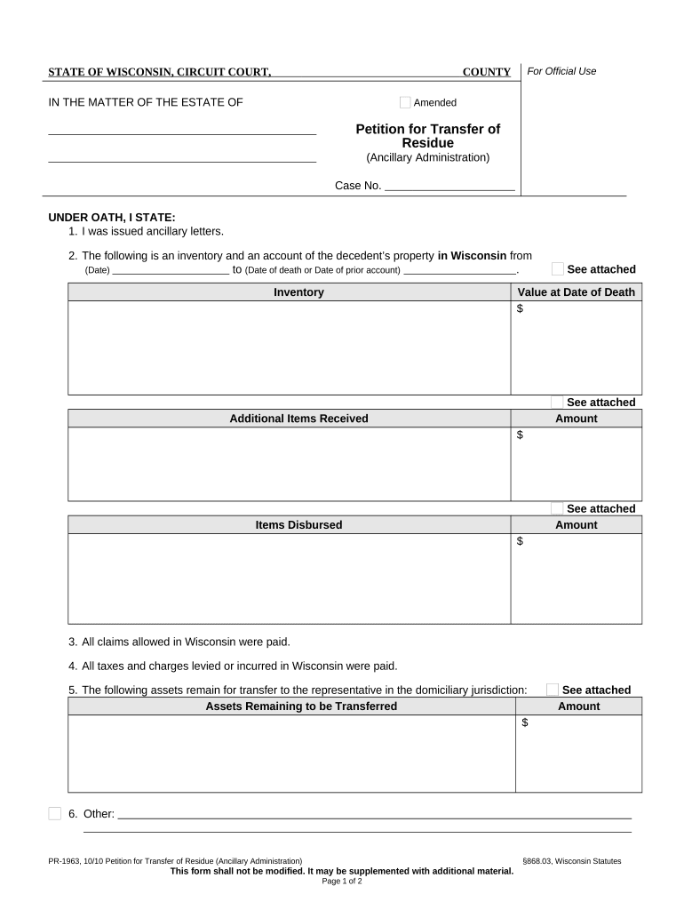 Petition for Transfer of Residue Ancillary Wisconsin  Form