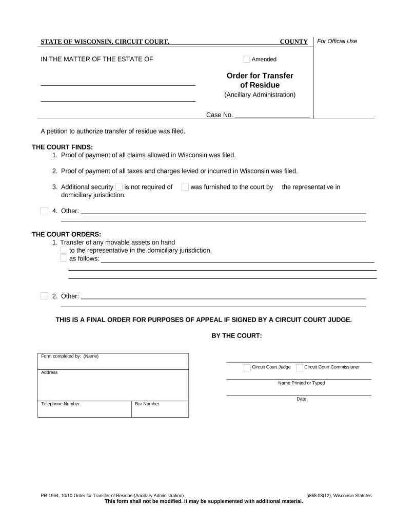 Order for Transfer of Residue Ancillary Wisconsin  Form