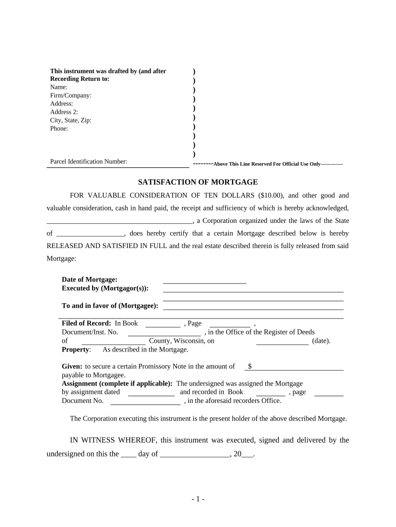 Satisfaction, Release or Cancellation of Mortgage by Corporation Wisconsin  Form