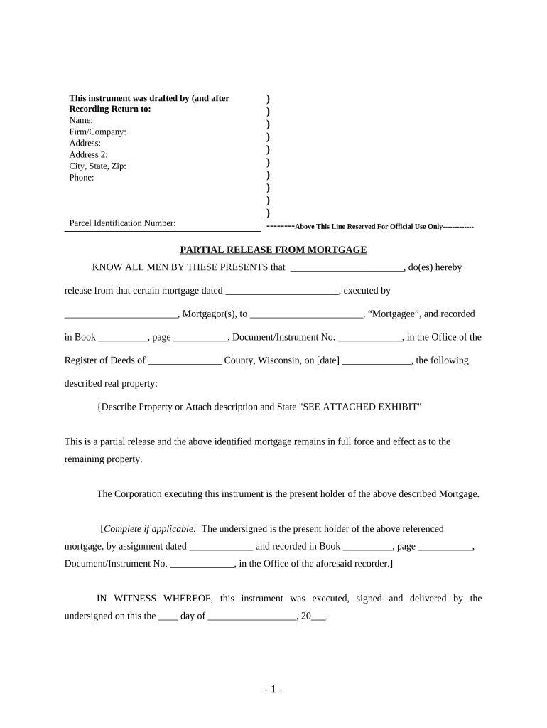 Partial Release of Property from Mortgage for Corporation Wisconsin  Form