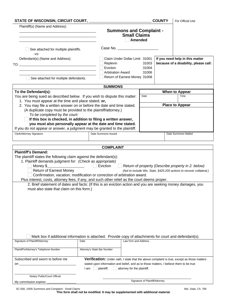 Wisconsin Summons Complaint Form