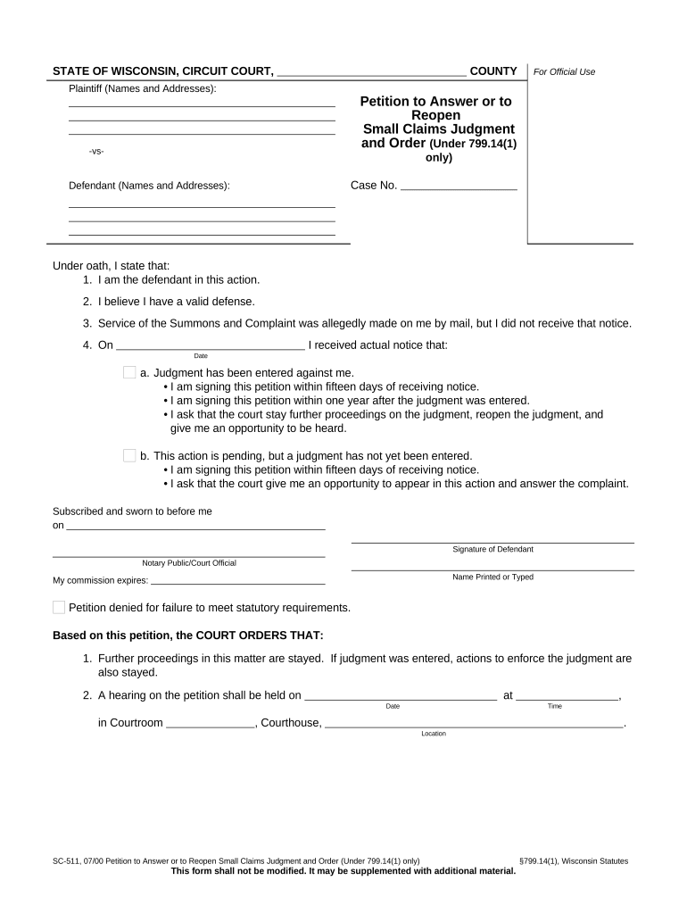 Answer Small Claims Wisconsin  Form