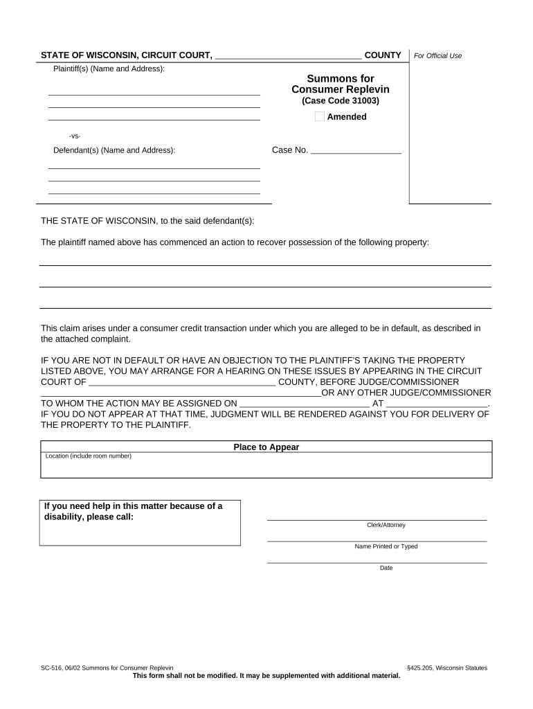 Wisconsin Replevin  Form