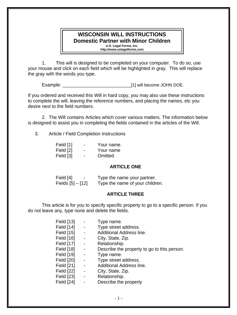 Legal Last Will and Testament Form for a Domestic Partner with No Children Wisconsin