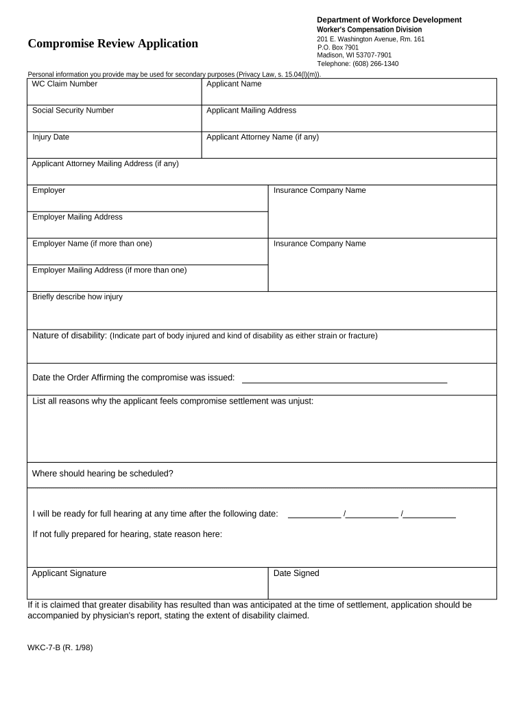 Compromise and Review Application for Workers' Compensation Wisconsin  Form