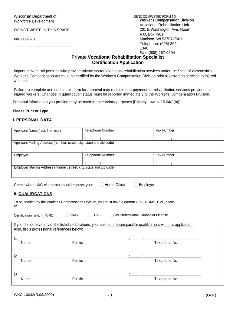 Rehab Specialist Certification Application for Workers' Compensation Wisconsin  Form