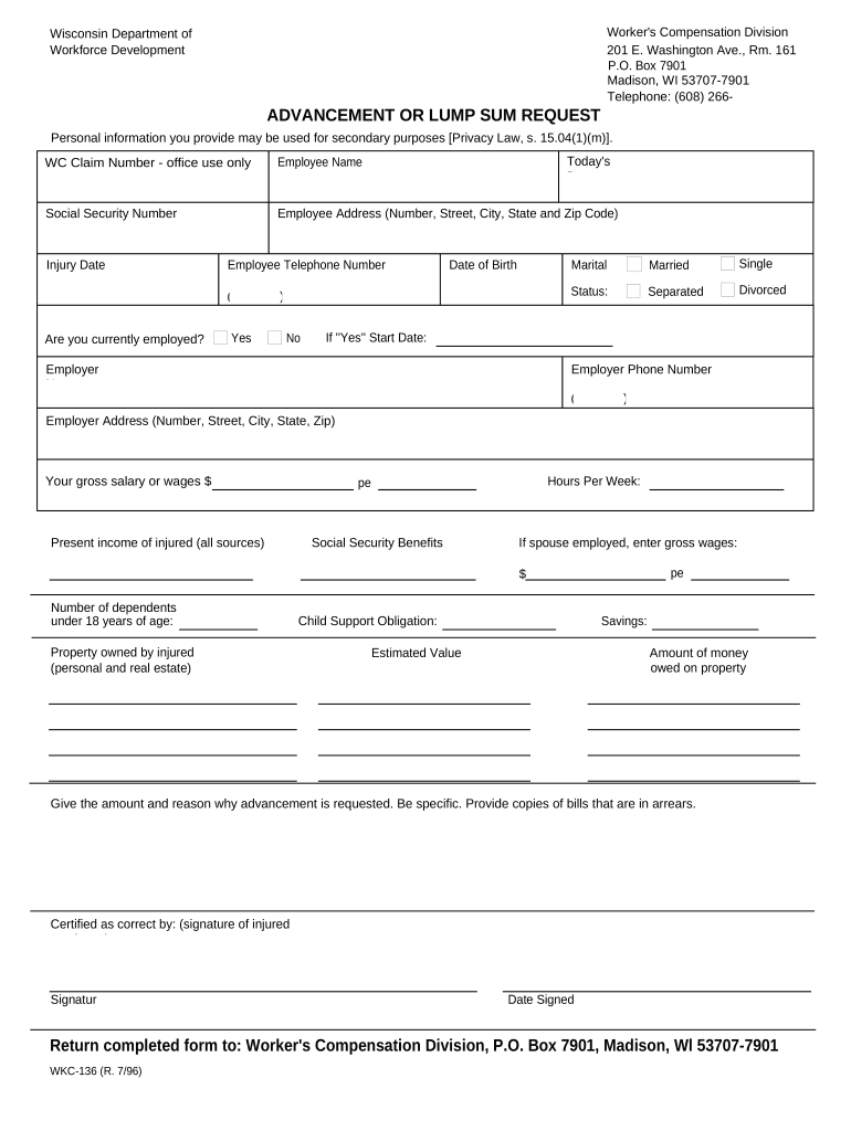 Advancement or Lump Sum Request for Workers' Compensation Wisconsin  Form