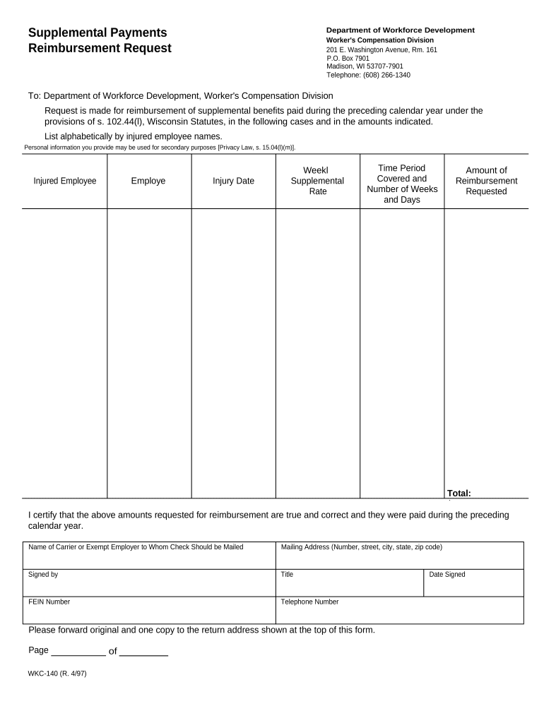 Supplemental Payments Reimbursement Request for Workers' Compensation Wisconsin  Form