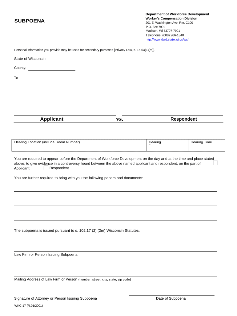 Subpoena for Workers' Compensation Wisconsin  Form
