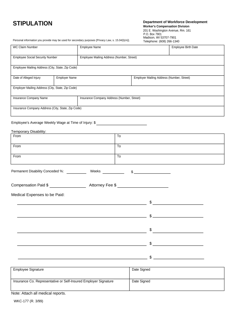 Stipulation for Workers' Compensation Wisconsin  Form