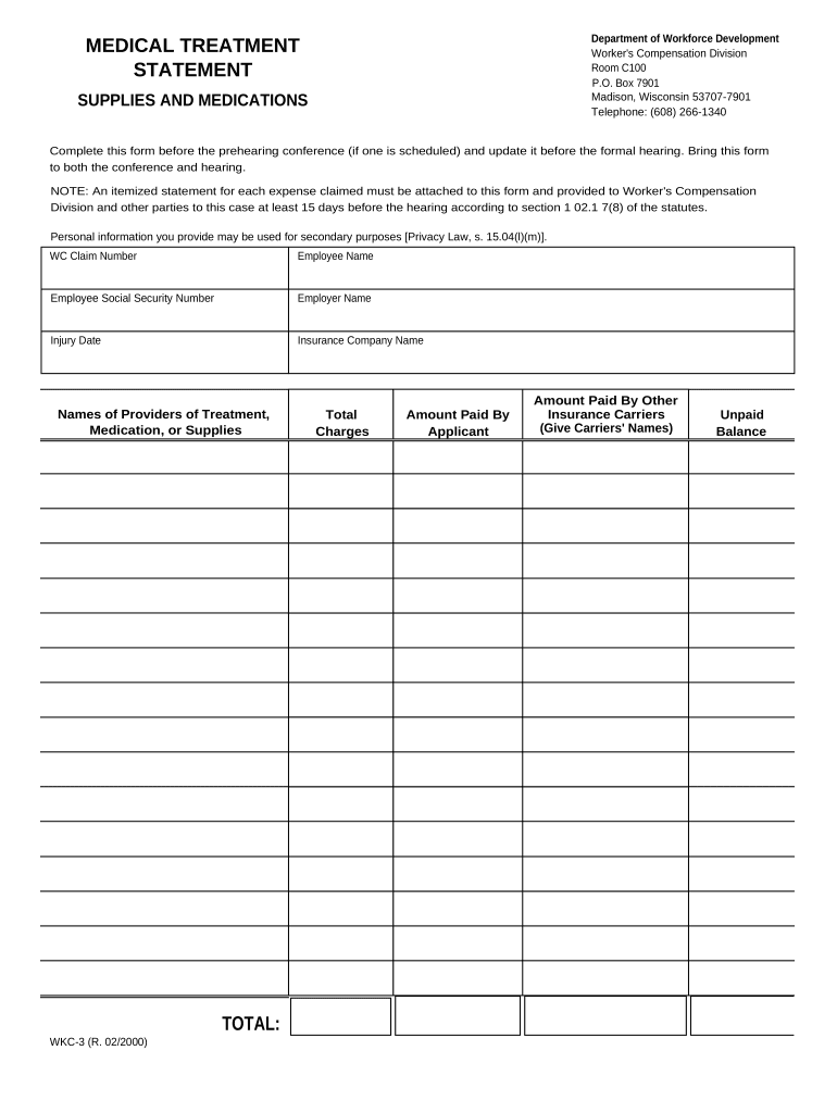 Medical Treatment Statement for Workers' Compensation Wisconsin  Form