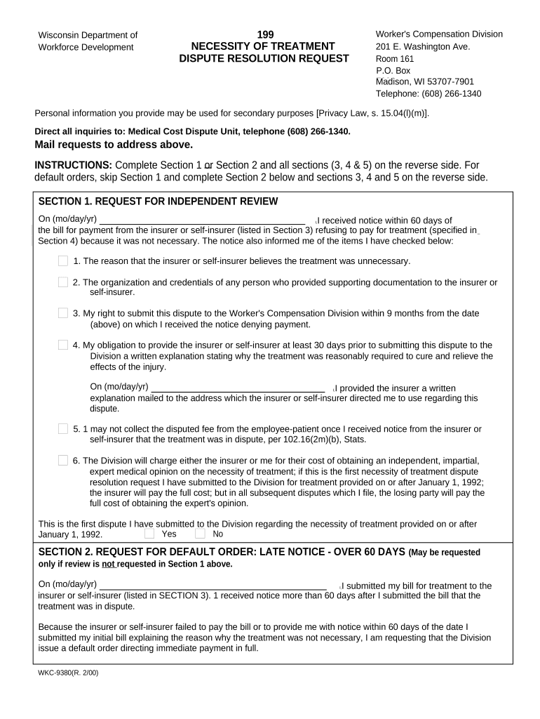 Necessity of Treatment Dispute for Workers' Compensation Wisconsin  Form