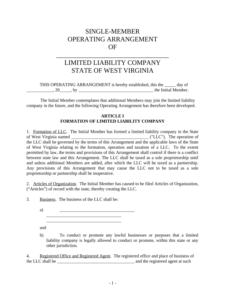 Single Member Limited Liability Company LLC Operating Agreement West Virginia  Form