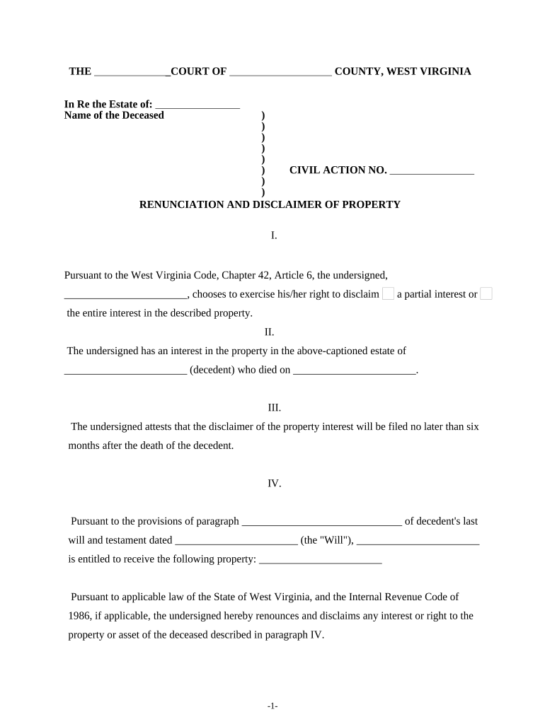 Renunciation and Disclaimer of Property from Will by Testate West Virginia  Form