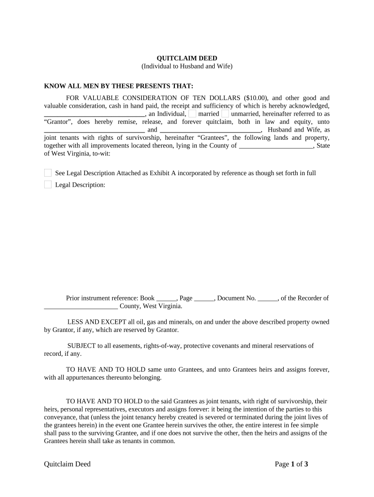 Quitclaim Deed from Individual to Husband and Wife West Virginia  Form