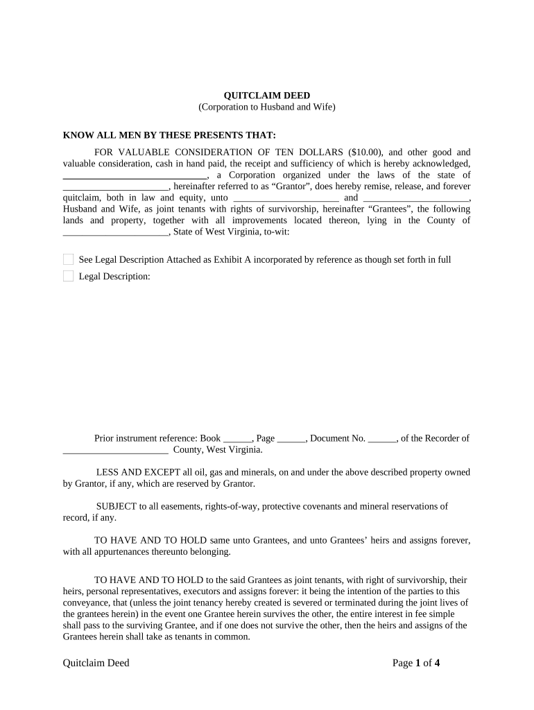 Quitclaim Deed from Corporation to Husband and Wife West Virginia  Form