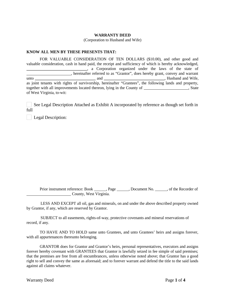 Warranty Deed from Corporation to Husband and Wife West Virginia  Form