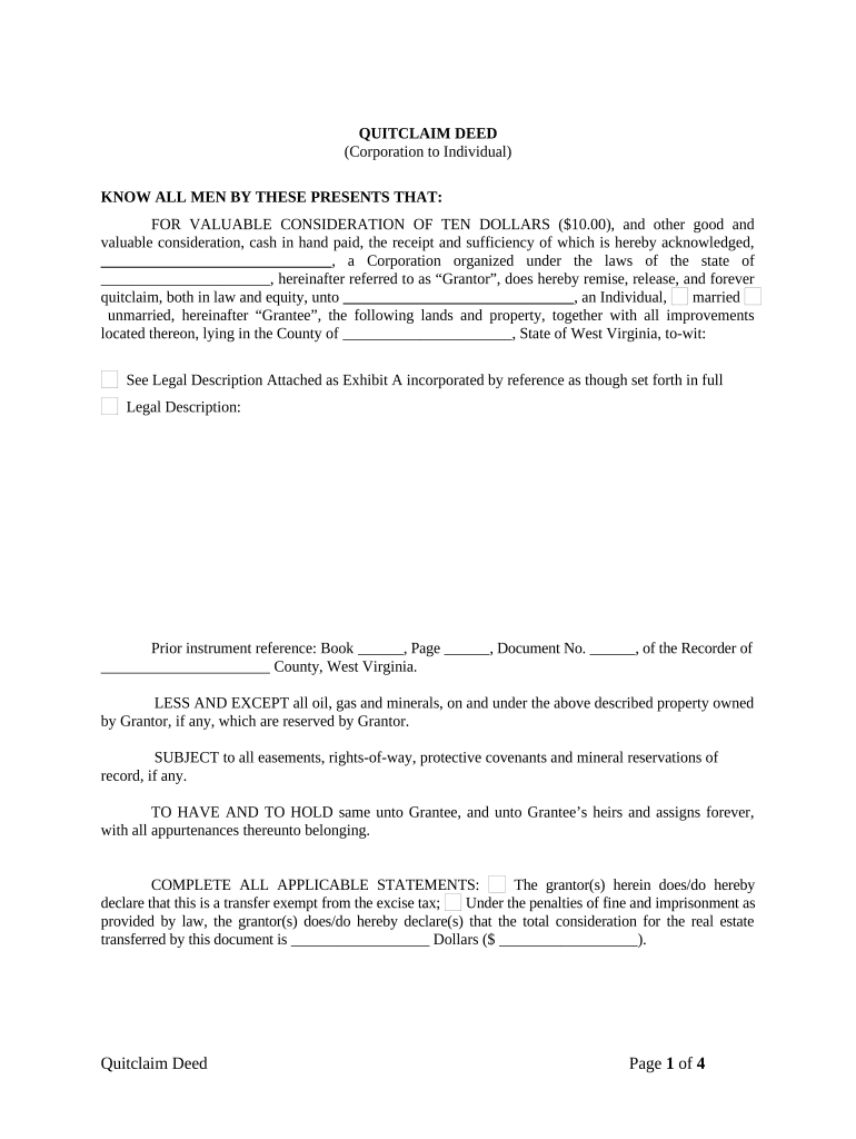 Quitclaim Deed from Corporation to Individual West Virginia  Form