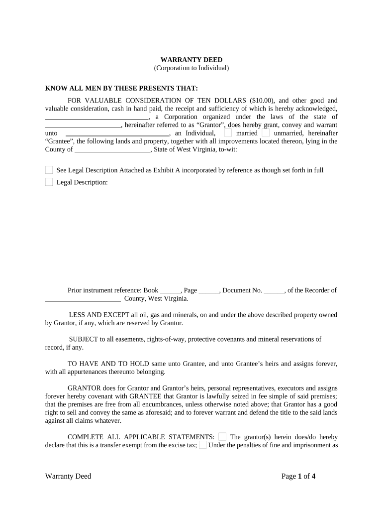 Warranty Deed from Corporation to Individual West Virginia  Form