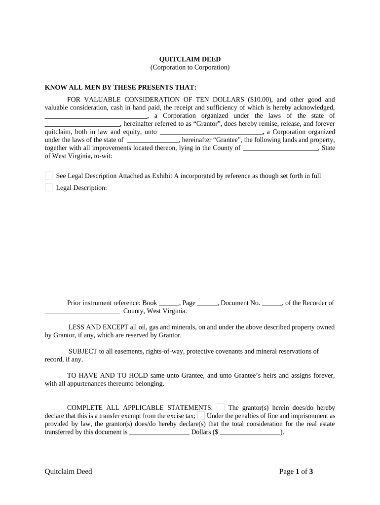 Quitclaim Deed from Corporation to Corporation West Virginia  Form