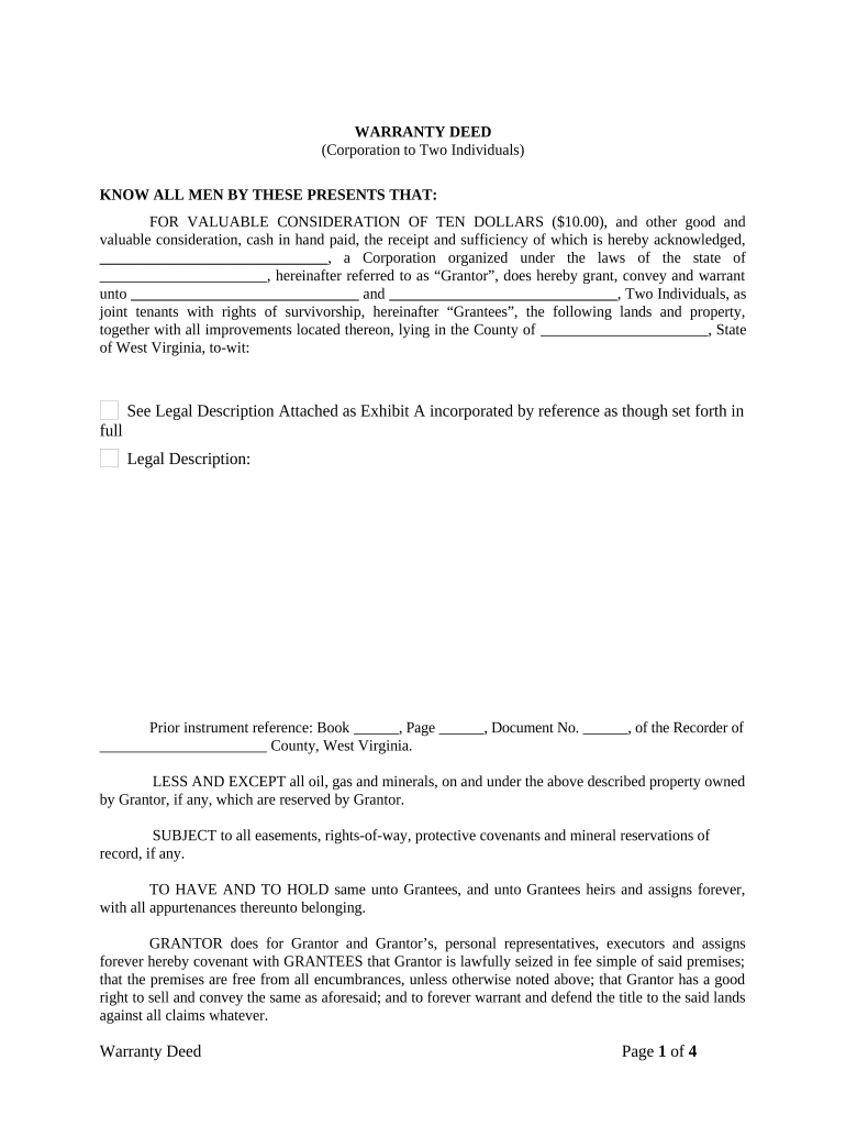 Fill and Sign the Warranty Deed from Corporation to Two Individuals West Virginia Form