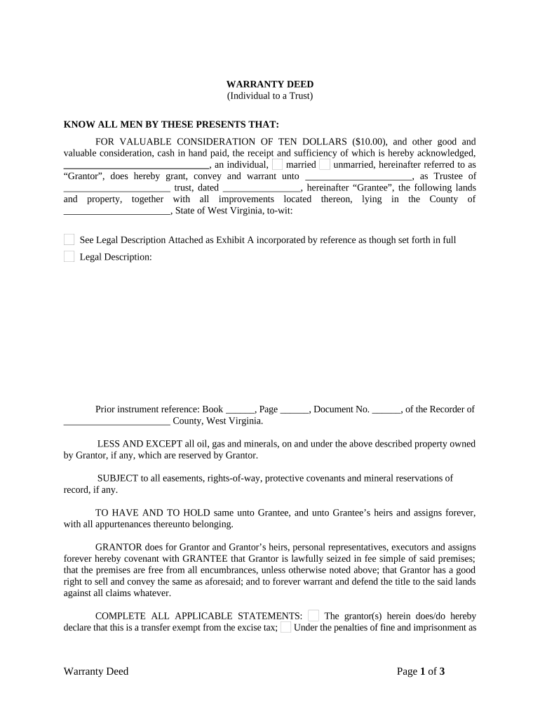 Warranty Deed from Individual to a Trust West Virginia  Form