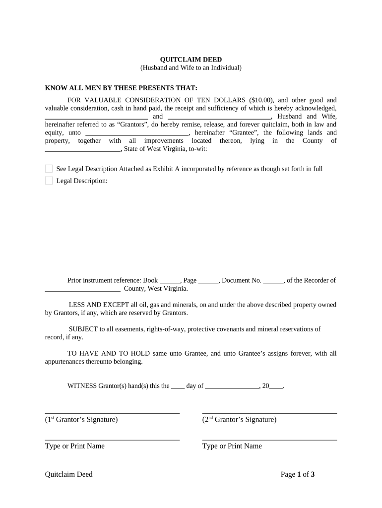 Quitclaim Deed from Husband and Wife to an Individual West Virginia  Form