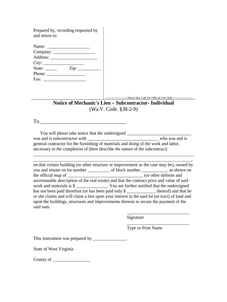 Notice of Mechanic's Lien Subcontractor Individual West Virginia  Form