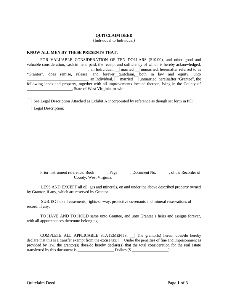 Quitclaim Deed from Individual to Individual West Virginia  Form