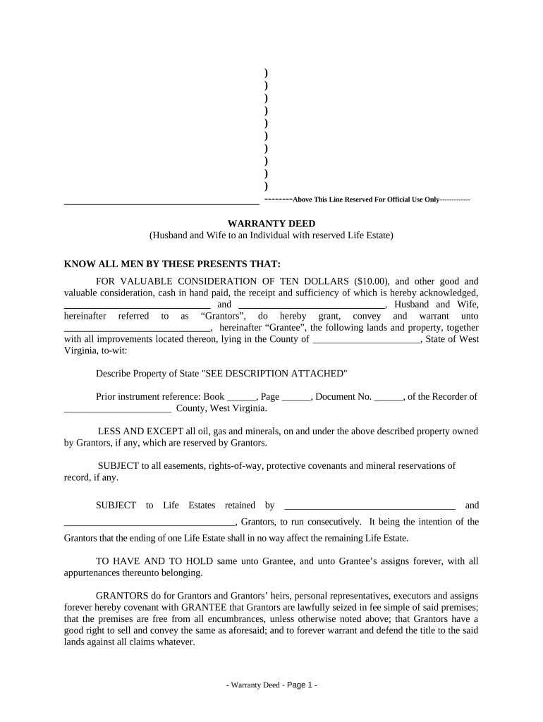 Warranty Deed to Child Reserving a Life Estate in the Parents West Virginia  Form