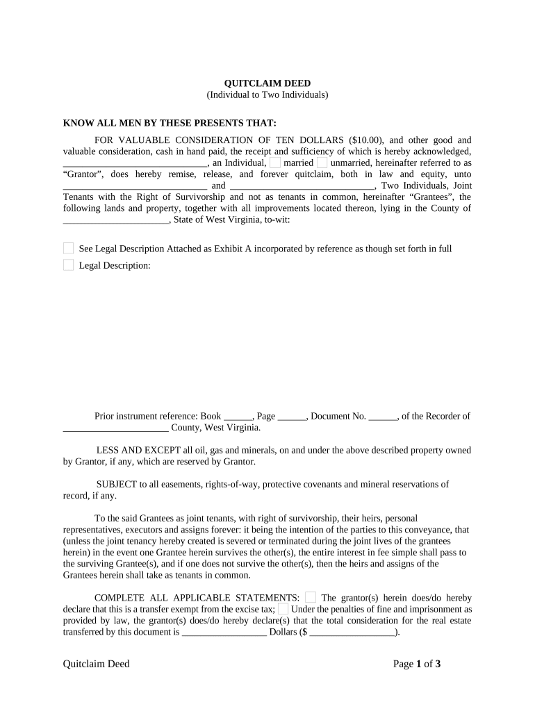 Quitclaim Deed from Individual to Two Individuals in Joint Tenancy West Virginia  Form