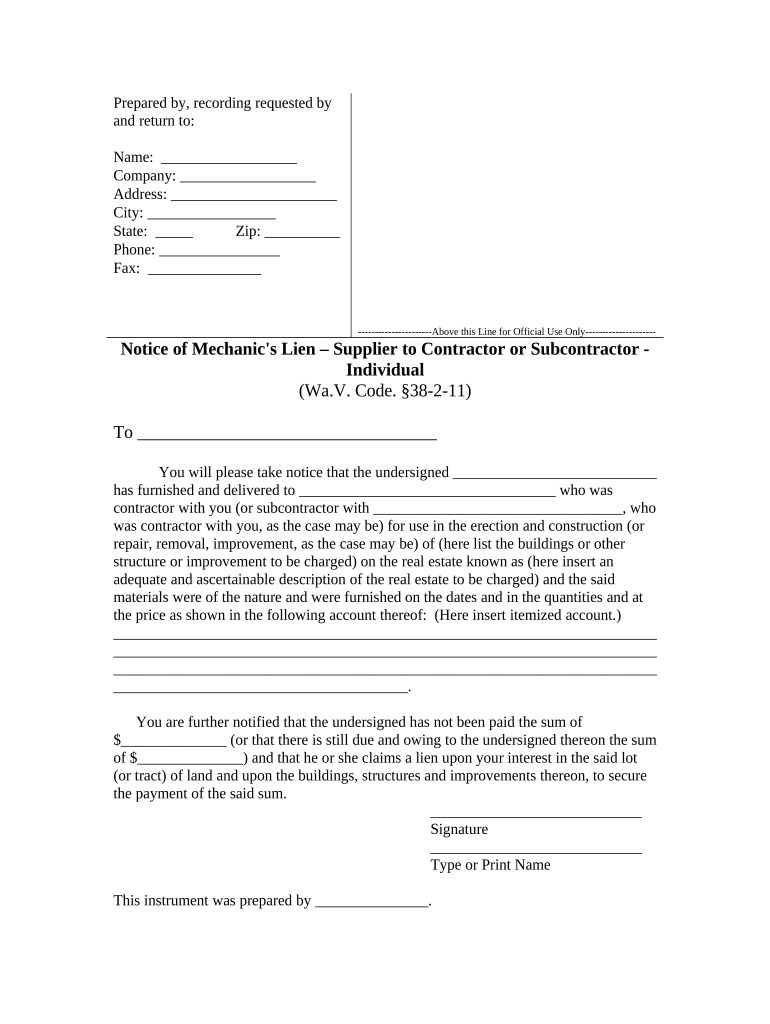 Notice of Mechanic's Lien Supplier to Contractor or Subcontractor Individual West Virginia  Form