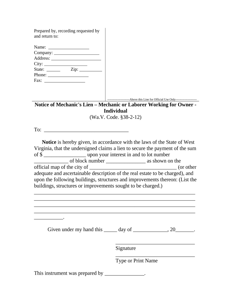 Notice of Mechanic's Lien Laborer Working for Owner Individual West Virginia  Form