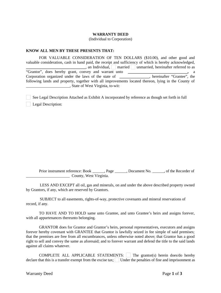 Warranty Deed from Individual to Corporation West Virginia  Form