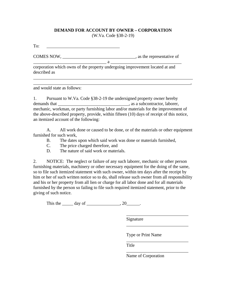 Demand for Account by Corporation or LLC West Virginia  Form