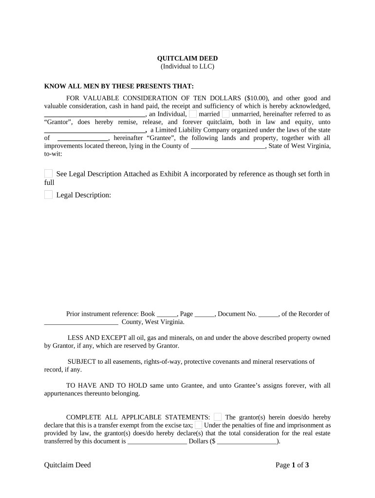 Quitclaim Deed from Individual to LLC West Virginia  Form