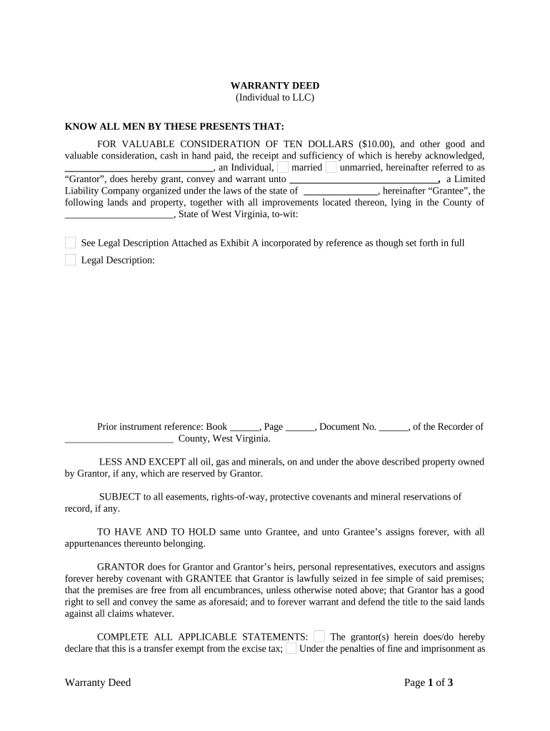 Warranty Deed from Individual to LLC West Virginia  Form