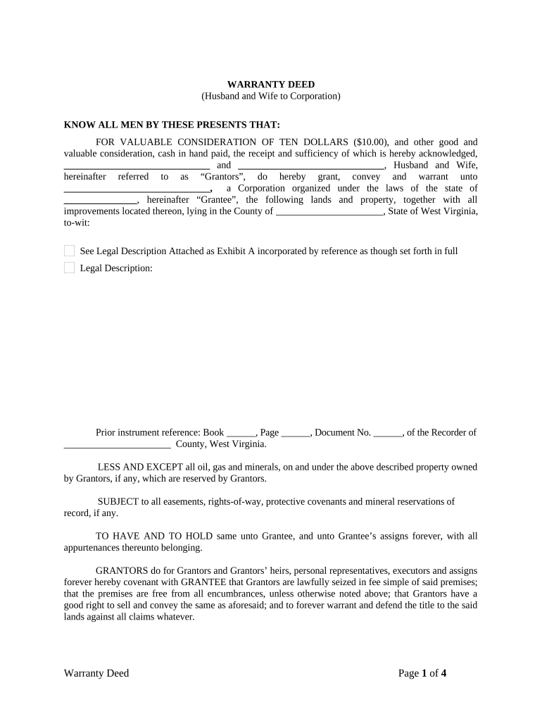 Warranty Deed from Husband and Wife to Corporation West Virginia  Form