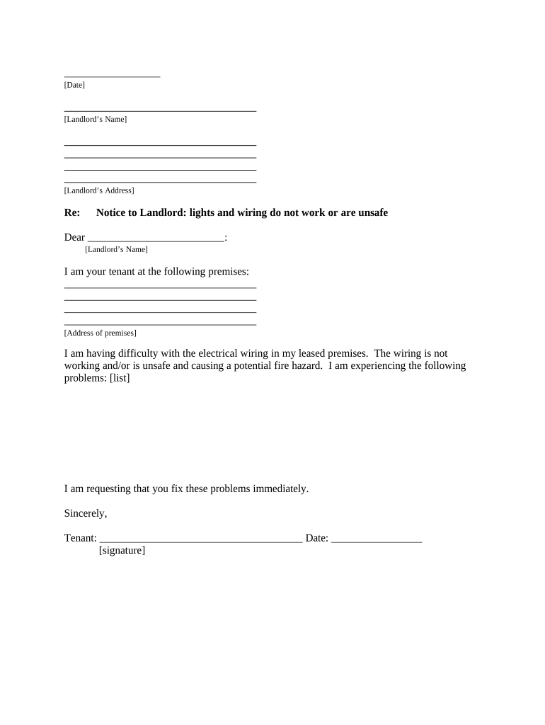 Letter from Tenant to Landlord with Demand that Landlord Repair Unsafe or Broken Lights or Wiring West Virginia Form