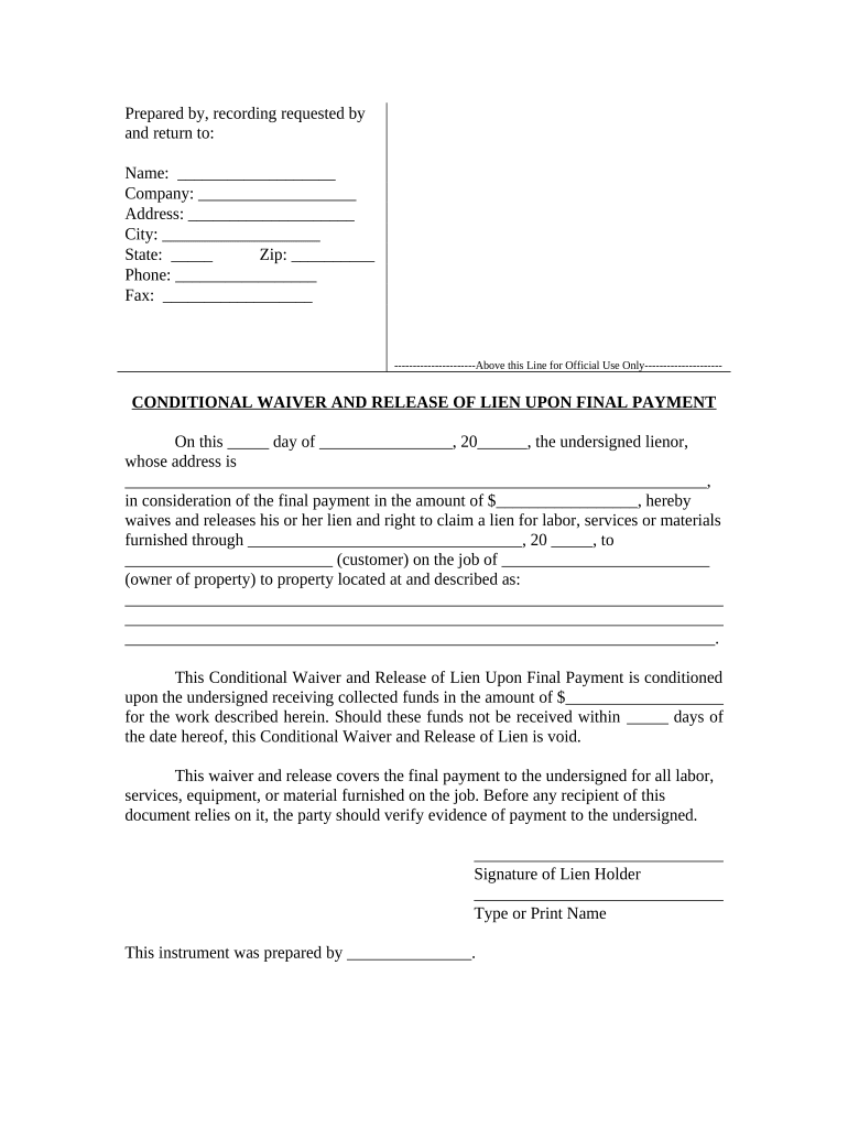 Conditional Waiver and Release of Claim of Lien Upon Final Payment West Virginia  Form